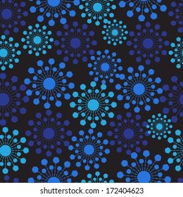 seamless black background with abstract blue flowers