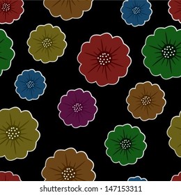 seamless black background with abstract colorful flowers