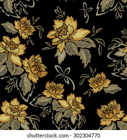 seamless black background with beautiful bouquets of yellow flowers