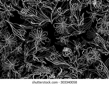 seamless black background with beautiful bouquets of white flowers