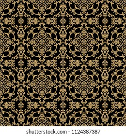 Seamless black background with beige pattern in baroque style. Vector retro illustration. Islam, Arabic, Indian, ottoman motifs. Perfect for printing on fabric or paper.