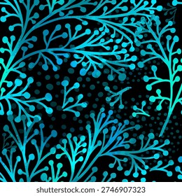 Seamless black background with blue neon flowers. Hand drawn. Not AI, vector illustration.