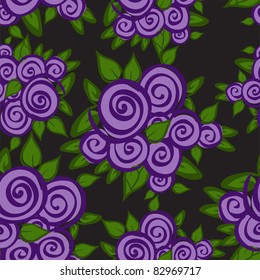 seamless black background with bouquets of purple roses