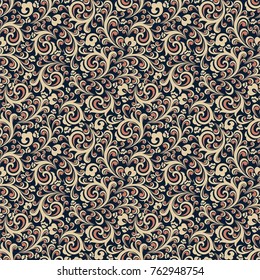 Seamless black background with brown and sand pattern in baroque style. Vector retro illustration. Ideal for printing on fabric or paper.