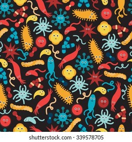 seamless black background with a cute colorful bacteria and viruses