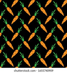 Seamless black background with doodle carrots for Easter cards, greetings, web, textile, children's rooms.