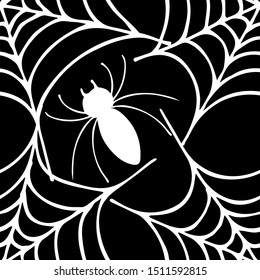 Seamless black background, flying web and spider, hand-drawn, sketch, cartoon. Suitable for invitations and greetings, digital paper clippings, page fill
