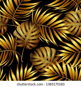 Seamless black background with Golden tropical palm leaves. Summer sale, big discount, greeting card, cosmetics label, background for holidays: Birthday, wedding, party