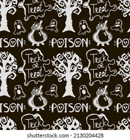 Seamless black background with Halloween elements drawn in doodle style. Gloomy tree, ghosts, lettering, and a cauldron of potions. Monogamous Halloween background. 