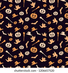 Seamless black background with a Halloween theme. The background shows a pumpkin, a broom, a witch's cap, a ghost and a bat.