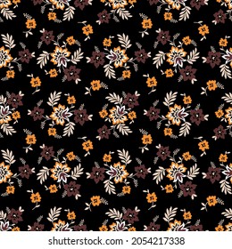 Seamless black background with light, brown and yellow leaves and flowers. Vector retro illustration. Ideal for printing on fabric or paper for wallpapers, textile, wrapping. 