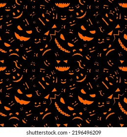 Seamless black background for packaging products for halloween. Orange icons with faces of pumpkins, ghosts. Wallpaper. Vector