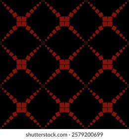 
seamless black background with a pattern of red squares arranged in a diamond shape.  symmetrical design. The red color of the squares is on a black background, making them the center of the image.