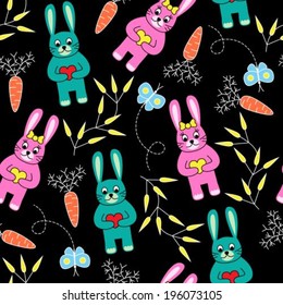 seamless black background with rabbits, carrots, butterflies and plants