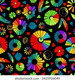 Seamless black background with rainbow elements and simple flowers hand drawing. Not AI, Vector illustration
