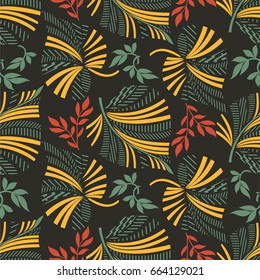 Seamless black background with red, green and yellow leaves, design for packaging in trendy linear style. Ideal for printing on fabric or paper. Vector illustration. 