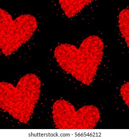 Seamless black background with red hearts made of dots