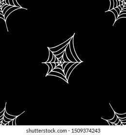 Seamless black background, spider web, hand-drawn, cartoon sketch. Minimal concept. Festive design for invitations and greetings, Vector