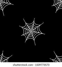 Seamless black background, spider web, hand-drawn, cartoon sketch. Minimal concept. 