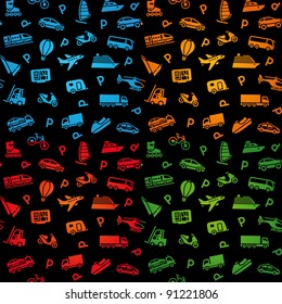 Seamless black background, transport icons. Wrapping paper