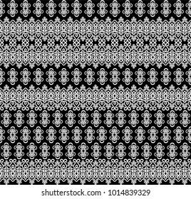 Seamless black background with white floral lace pattern, design element set. Vector retro illustration. Ideal for printing on fabric or paper.
