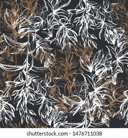 Seamless black background with white and gold contour flowers. Elegant floral texture. Vector illustration for fabric, tiles.