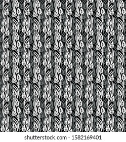 Seamless black background with white and grey leaves. Vector retro illustration. Ideal for printing on fabric or paper for wallpapers, textile, wrapping. 