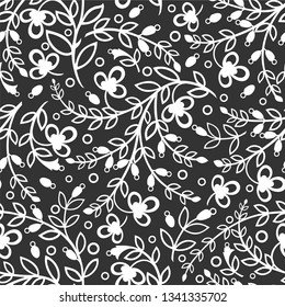 Seamless black background with white leaves and flowers. Vector retro illustration. Ideal for printing on fabric or paper for wallpapers, textile, wrapping. 