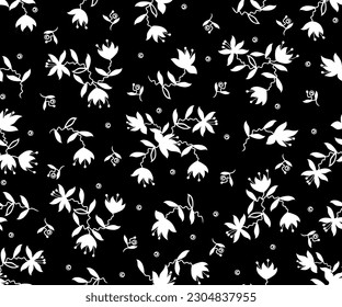 Seamless black background with white leaves and flowers. Vector retro illustration. Ideal for printing on fabric or paper for wallpapers, textile, wrapping. 