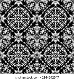 Seamless black background with white mandala ornament in the east style. Ideal for printing on fabric or paper for textile, wrapping. Vector illustration.