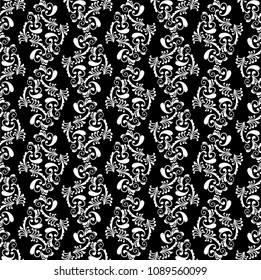 Seamless black background with white pattern in baroque style. Vector retro illustration. Ideal for printing on fabric or paper for wallpapers, textile, wrapping. 