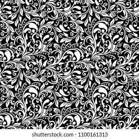 Seamless black background with white pattern in baroque style. Vector retro illustration. Ideal for printing on fabric or paper for wallpapers, textile, wrapping. 