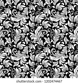 Seamless black background with white pattern in baroque style. Vector retro illustration. Ideal for printing on fabric or paper for wallpapers, textile, wrapping. 
