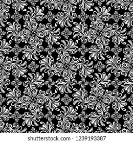 Seamless black background with white pattern in baroque style. Vector retro illustration. Ideal for printing on fabric or paper for wallpapers, textile, wrapping. 