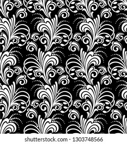 Seamless black background with white pattern in baroque style. Vector retro illustration. Ideal for printing on fabric or paper for wallpapers, textile, wrapping. 