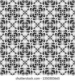 Seamless black background with white pattern in baroque style. Vector retro illustration. Islam, Arabic, Indian, ottoman motifs. Perfect for printing on fabric or paper.