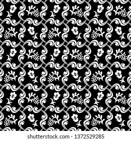 Seamless black background with white pattern in baroque style. Vector retro illustration. Ideal for printing on fabric or paper for wallpapers, textile, wrapping. 