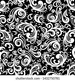 Seamless black background with white pattern in baroque style. Vector retro illustration. Ideal for printing on fabric or paper for wallpapers, textile, wrapping. 