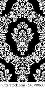 Seamless black background with white pattern in baroque style. Vector retro illustration. Ideal for printing on fabric or paper for wallpapers, textile, wrapping. 