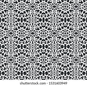 Seamless black background with white pattern in baroque style. Vector retro illustration. Islam, Arabic, Indian, ottoman motifs. Perfect for printing on fabric or paper.