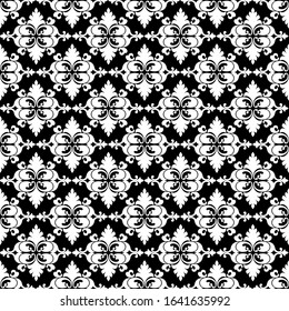 Seamless black background with white pattern in baroque style. Vector retro illustration. Ideal for printing on fabric or paper for wallpapers, textile, wrapping. 