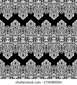 Seamless black background with white pattern in baroque style. Vector retro illustration. Ideal for printing on fabric or paper for wallpapers, textile, wrapping. 