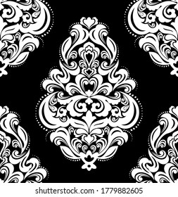 Seamless black background with white pattern in baroque style. Vector retro illustration. Ideal for printing on fabric or paper for wallpapers, textile, wrapping. 