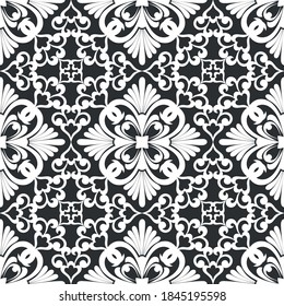 Seamless black background with white pattern in baroque style. Vector retro illustration. Islam, Arabic, Indian, ottoman motifs. Perfect for printing on fabric or paper.