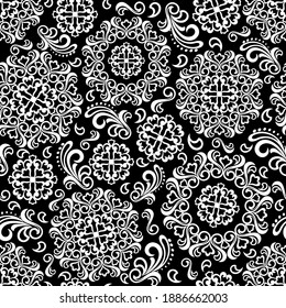 Seamless black background with white pattern in baroque style. Vector retro illustration. Ideal for printing on fabric or paper for wallpapers, textile, wrapping. 