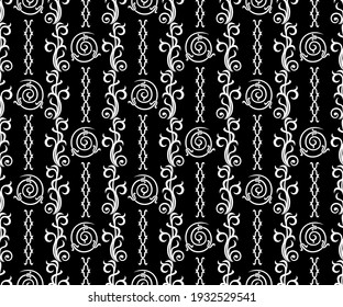 Seamless black background with white pattern in baroque style. Vector retro illustration. Ideal for printing on fabric or paper for wallpapers, textile, wrapping. 