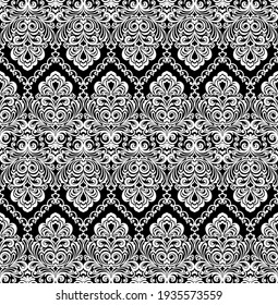 Seamless black background with white pattern in baroque style. Vector retro illustration. Ideal for printing on fabric or paper for wallpapers, textile, wrapping. 