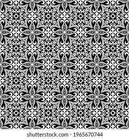 Seamless black background with white pattern in baroque style. Vector retro illustration. Ideal for printing on fabric or paper for wallpapers, textile, wrapping. 