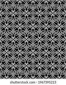 Seamless black background with white pattern in baroque style. Vector retro illustration. Islam, Arabic, Indian, ottoman motifs. Perfect for printing on fabric or paper.