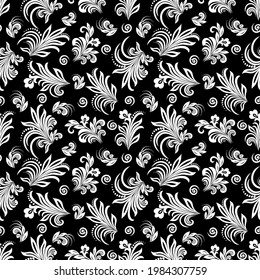 Seamless black background with white pattern in baroque style. Vector retro illustration. Ideal for printing on fabric or paper for wallpapers, textile, wrapping. 